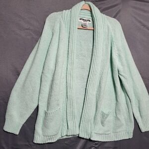 International Studio II Sweater Cardigan Womens 3X Green Knit Open Front Pockets